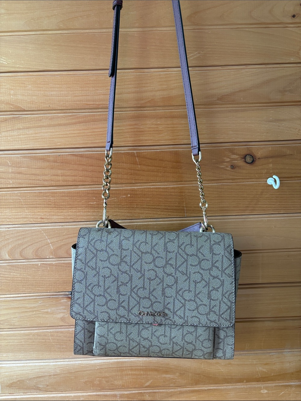 Calvin Klein Hudson Flap Stachel Monogram Crossbody Bag with Gold Chain